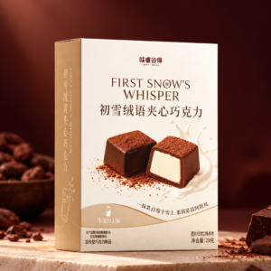 Very Good First Snow's Whisper milk filled chocolates 29g in burgundy studio setting
